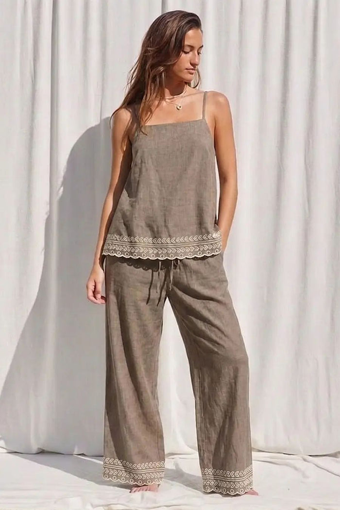 Mocha embroidered two-piece pant set with tie-strap top, front view - Glitz Fine Clothing Turlock