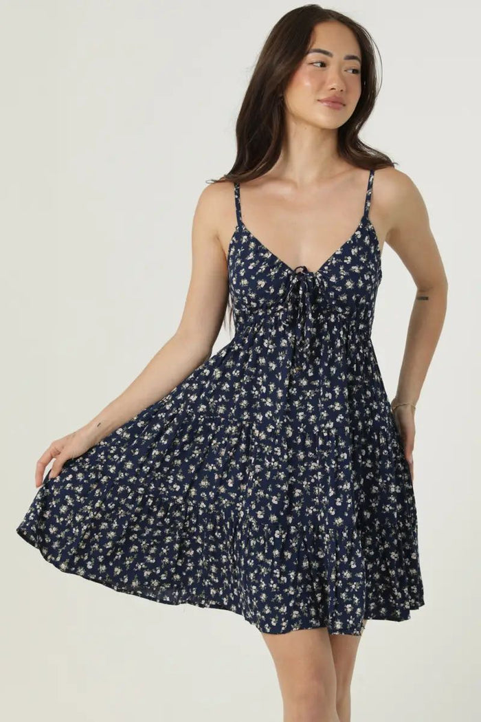 Natalie ditsy print V neck sundress in navy, front view