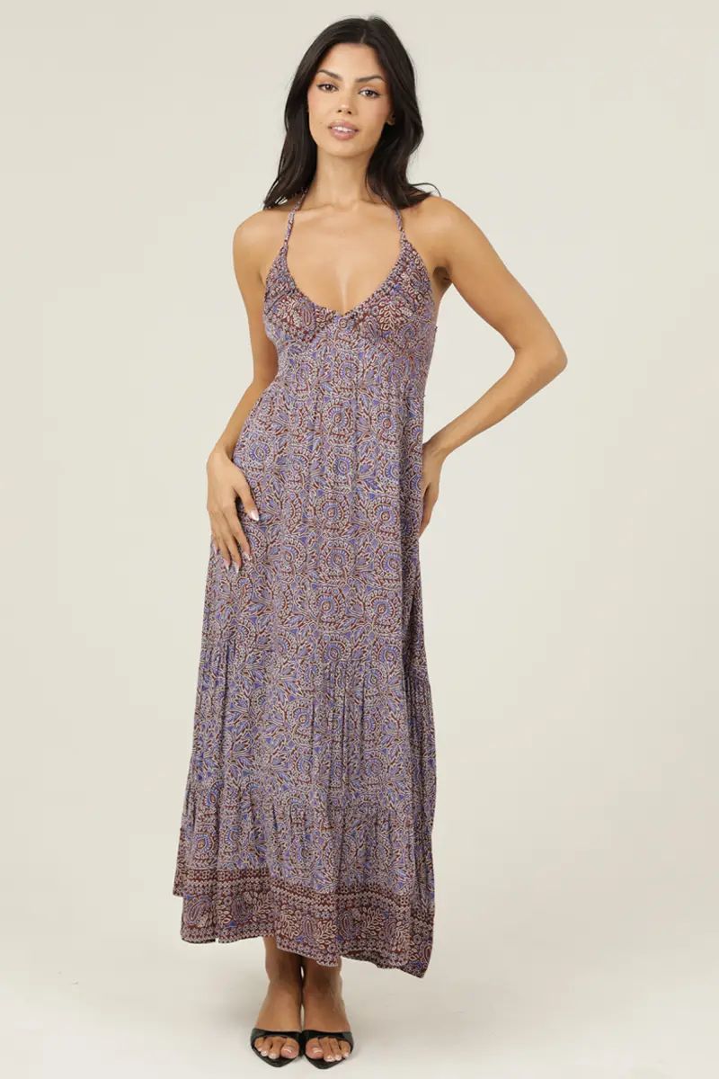 Brown printed halter maxi dress with tiered skirt from Glitz Fine Clothing
