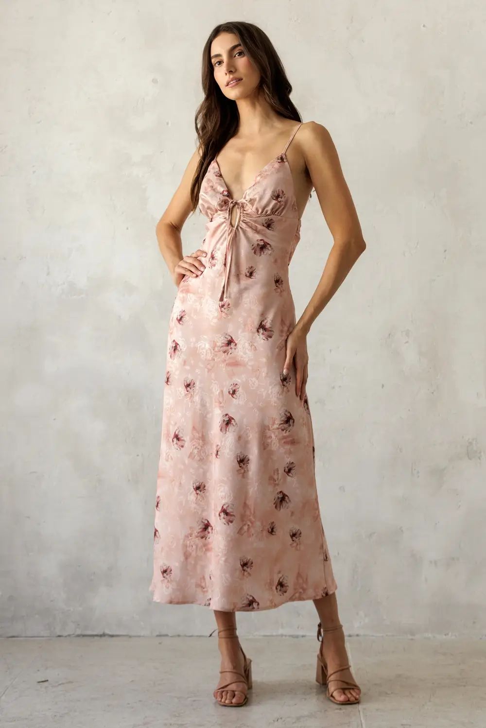 Betty floral satin midi dress with open tie back