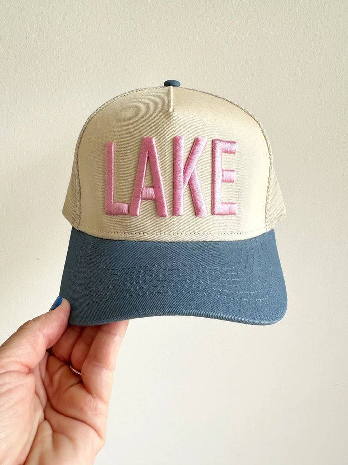 Lake vintage trucker hat with 3D embroidery and breathable mesh back