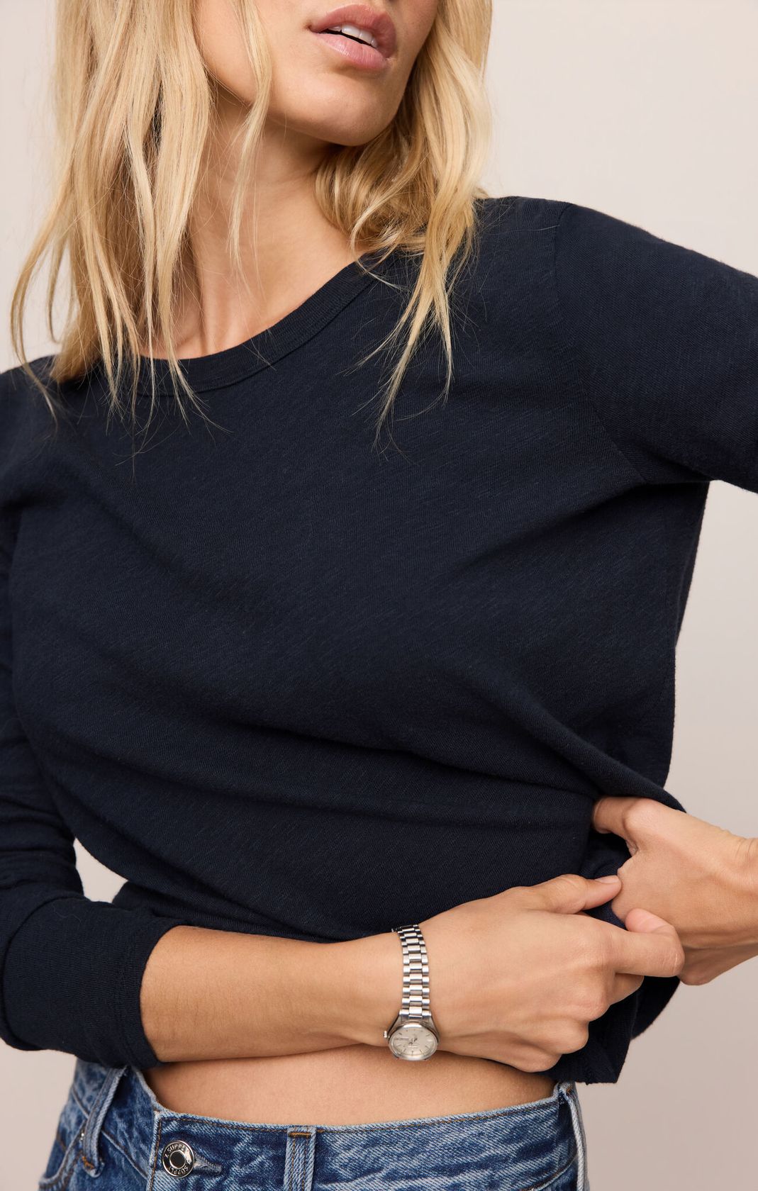Junie Tee in black cotton knit, front view