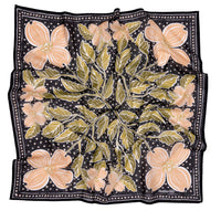 34 inch Wild Rag Amy Bandana in black cotton lawn with peach and green dogwood floral print, flat lay