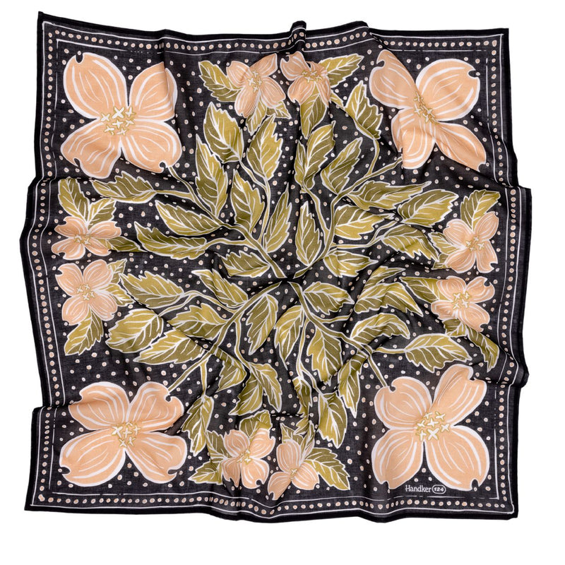 34 inch Wild Rag Amy Bandana in black cotton lawn with peach and green dogwood floral print, flat lay