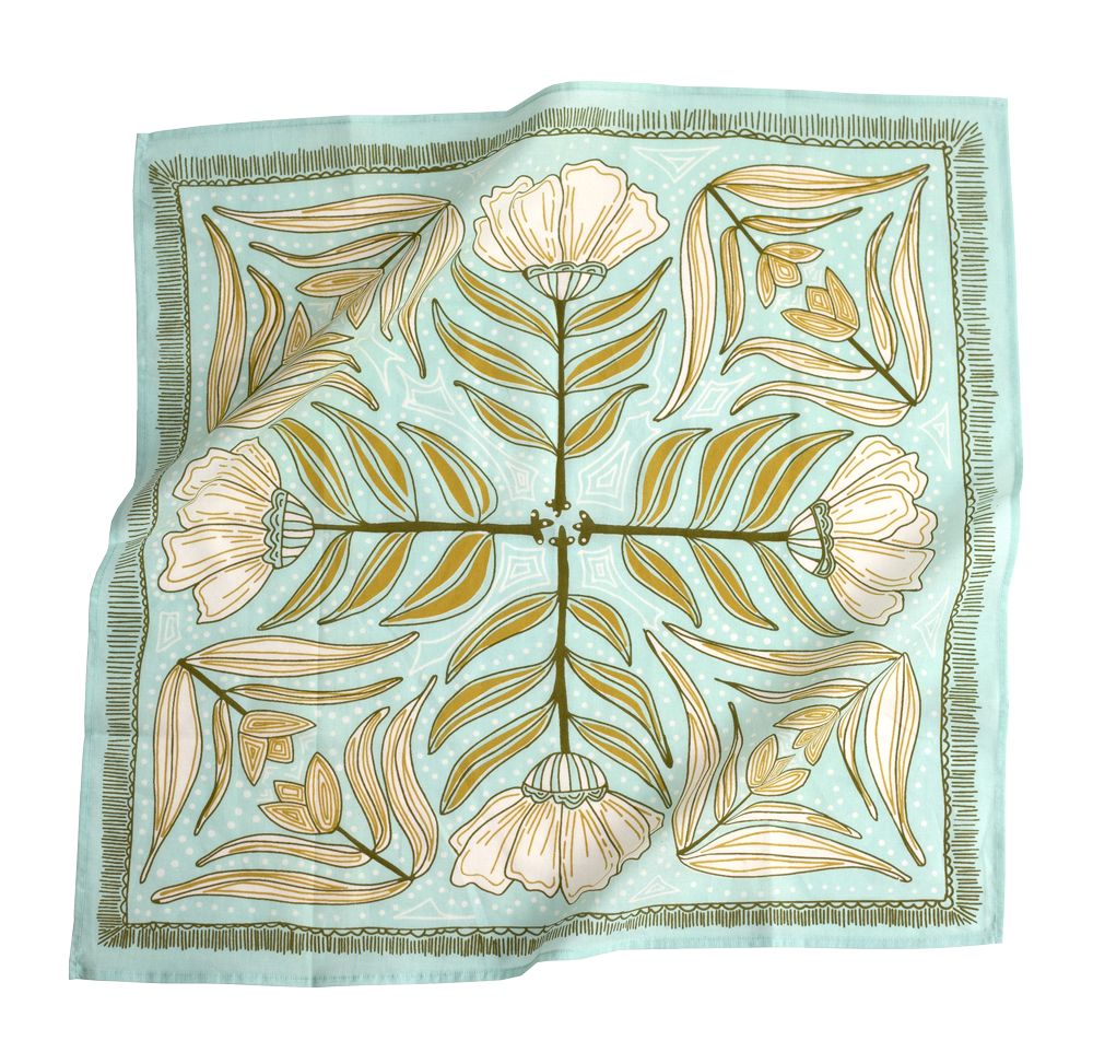 No. 012 Eliza Bandana in light blue cotton with golden floral print, flat lay