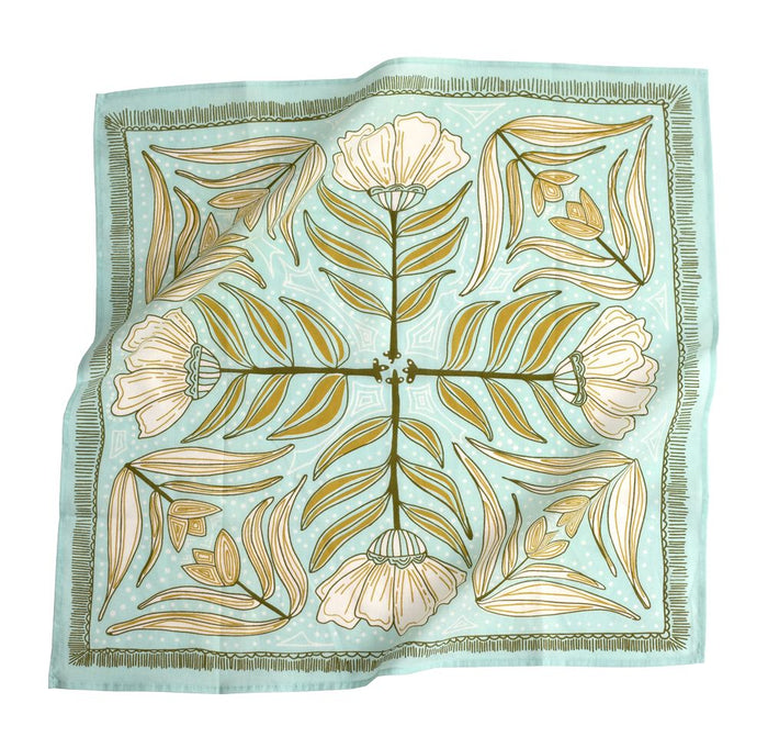 No. 012 Eliza Bandana in light blue cotton with golden floral print, flat lay