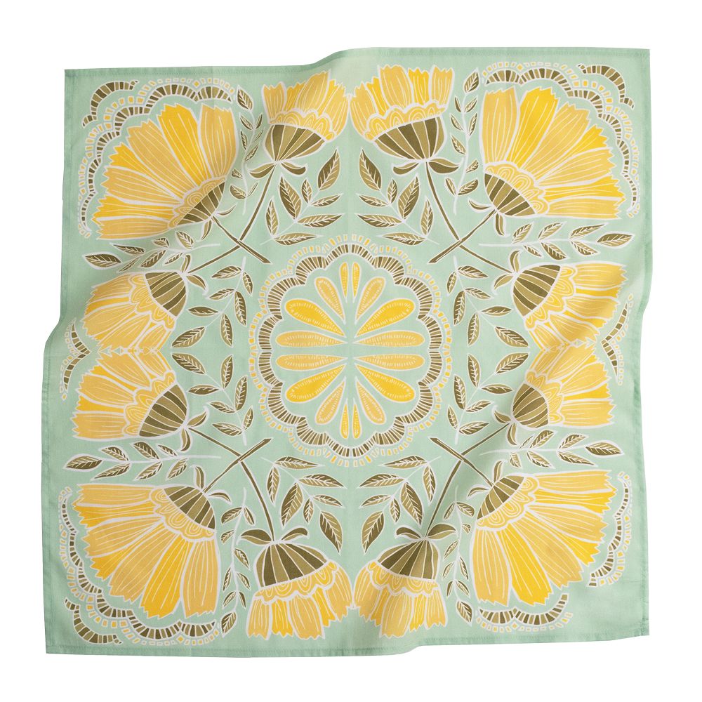 No. 044 Hazel Bandana in light green cotton with yellow floral print, flat lay