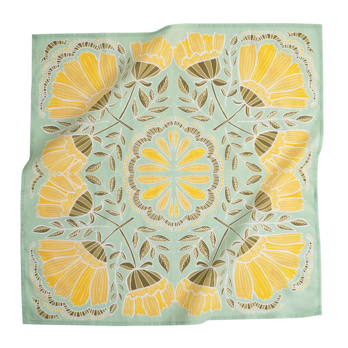 No. 044 Hazel Bandana in light green cotton with yellow floral print, flat lay