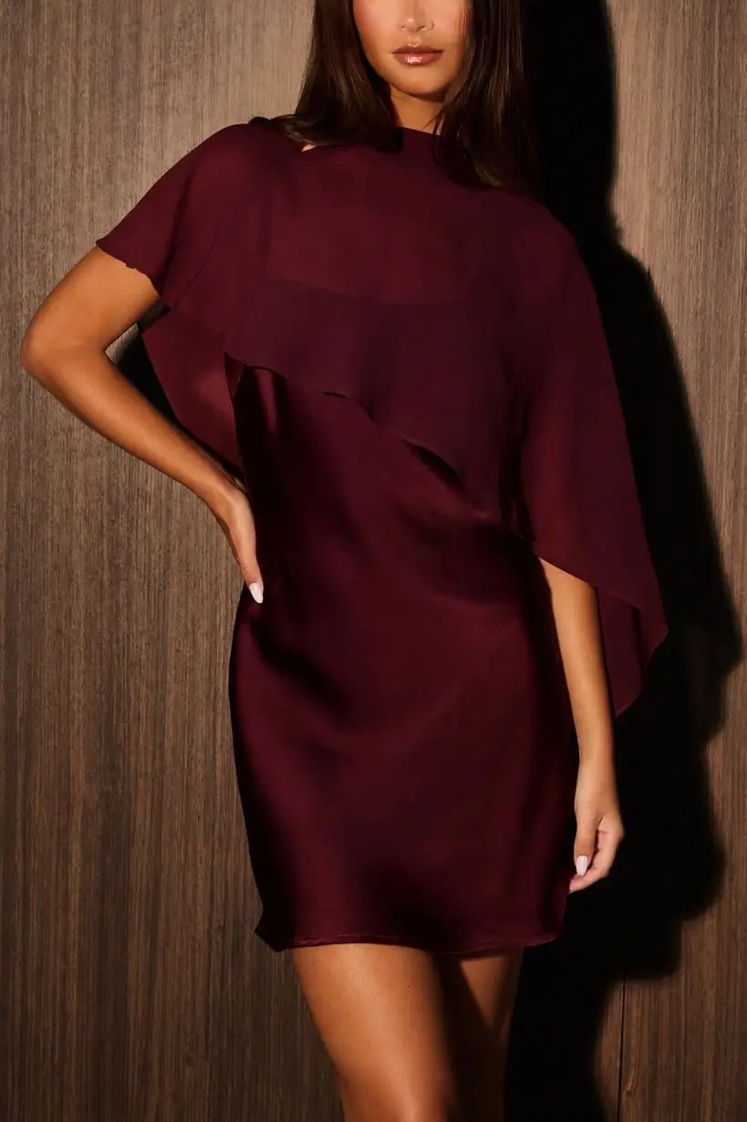 Amy burgundy satin mini dress with sheer cape and spaghetti straps - Glitz Fine Clothing Turlock CA
