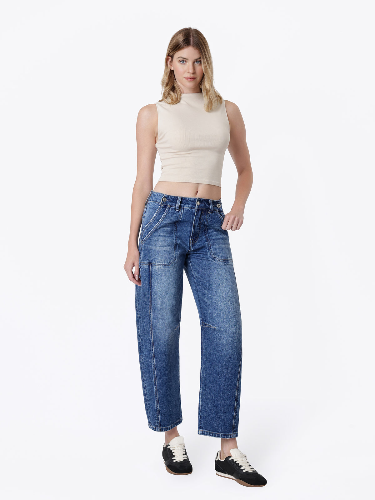 Kate Double Pocket Barrel Jean, back view of dark wash denim