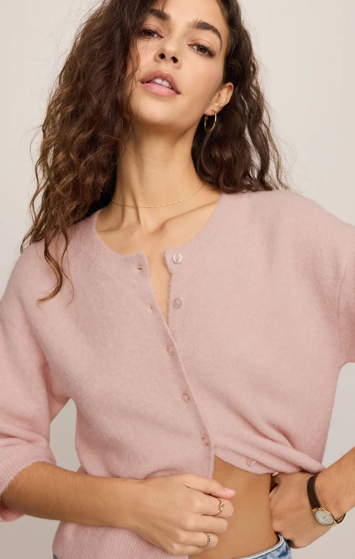 Valor Cardigan crew neck and button-front detail close-up