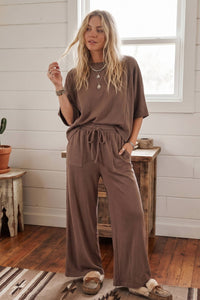 Sewn and Seen - Brushed Stretch Boxy Top & Wide Leg Pant Set: BURGUNDY / L