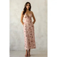 Betty satin floral tie front midi dress styled, full length