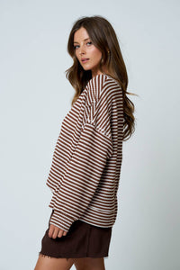 Close-up of split neckline on Lennon stripe knit top