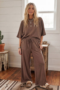Sewn and Seen - Brushed Stretch Boxy Top & Wide Leg Pant Set: BURGUNDY / L