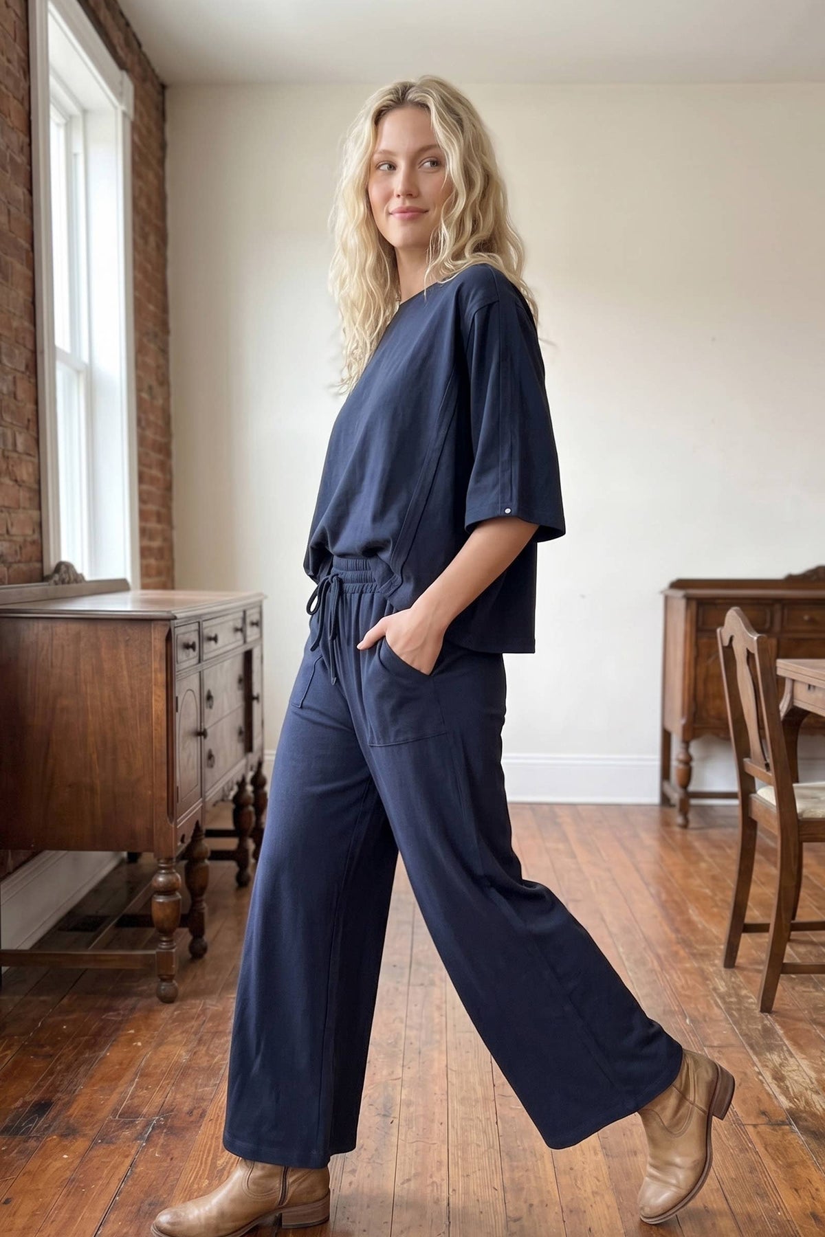 Sewn and Seen - Brushed Stretch Boxy Top & Wide Leg Pant Set: BURGUNDY / L
