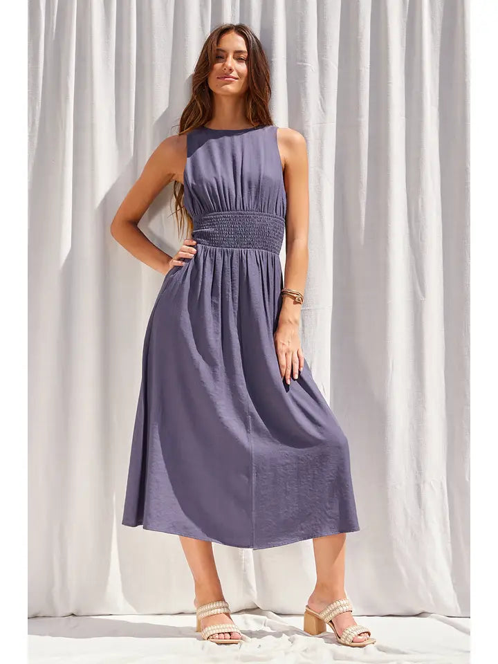 Tanya blue midi dress with cut-out back and button detail