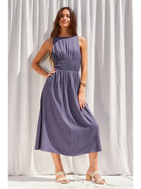 Tanya blue midi dress with cut-out back and button detail
