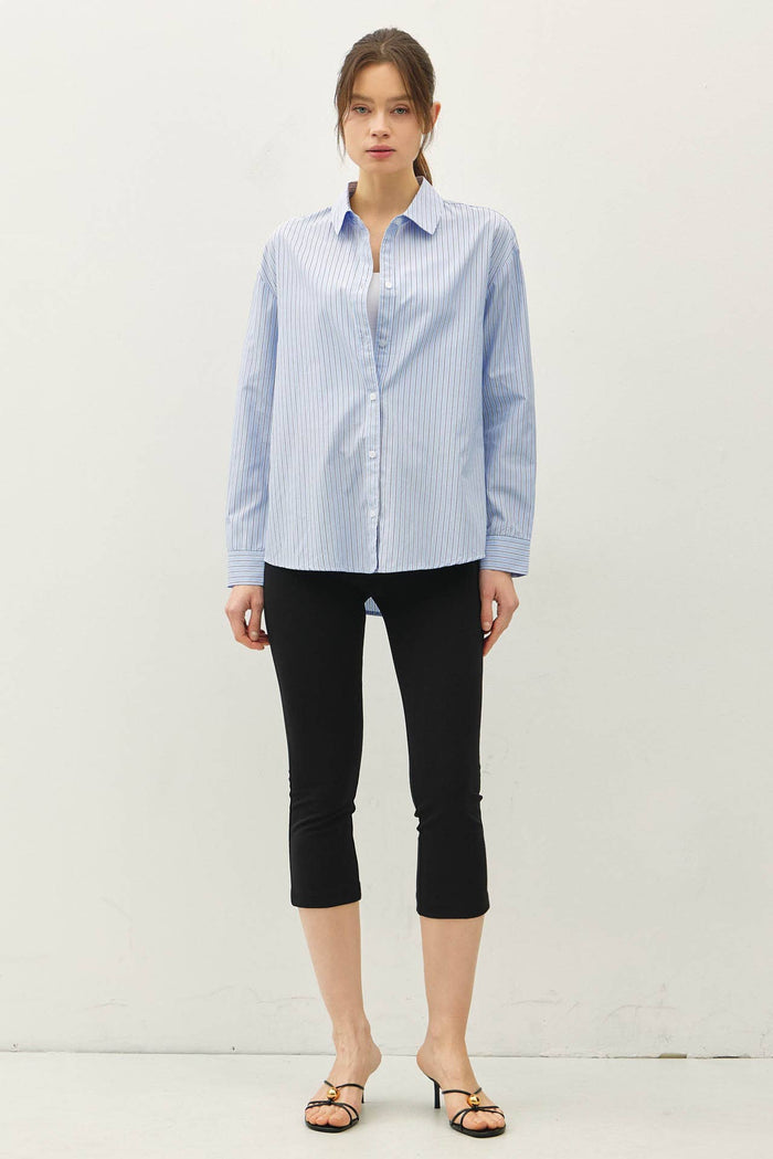 Be Cool - PIN STRIPE BOXY FIT SHIRT: Blue / L