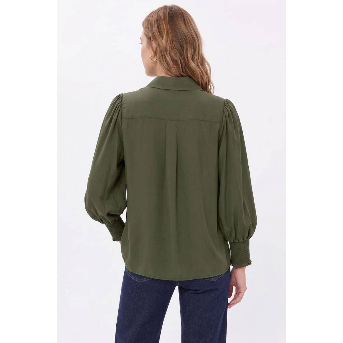 Back view of a woman wearing a wine Naked Zebra - Soft Billowy Sleeve Button Front Blouse, featuring long sleeves with gathered shoulders and smocked cuffs.