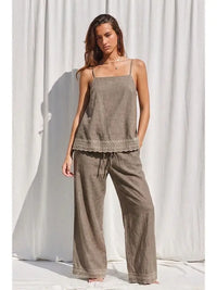 Embroidered sleeveless top and wide-leg pant set in mocha, styled view