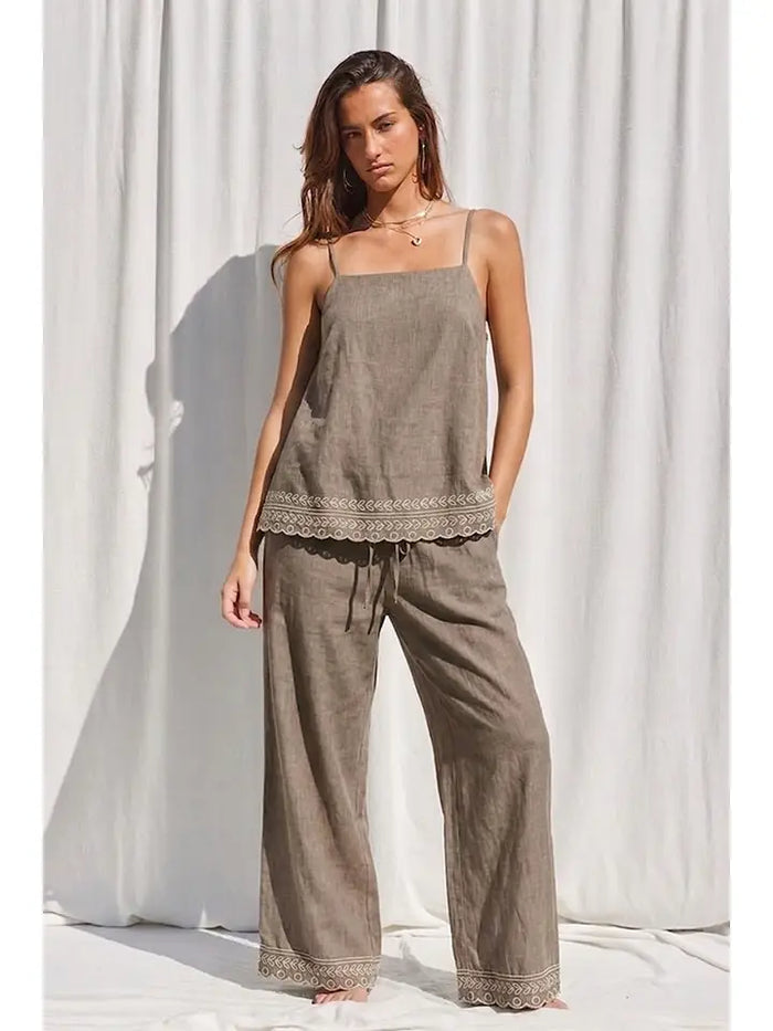 Embroidered sleeveless top and wide-leg pant set in mocha, styled view