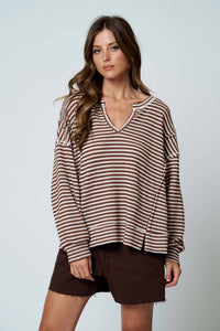 Model wearing Lennon stripe knit top in brown