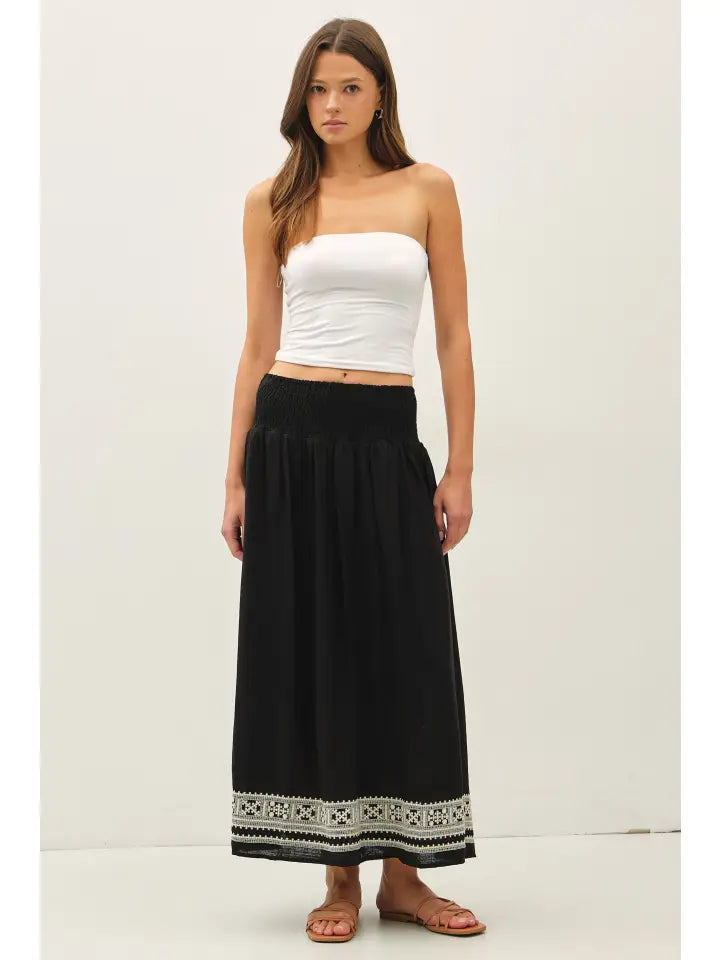 Black Keegan Embroidered Linen Blend Maxi Skirt with ruched elastic waist – Glitz Fine Clothing boutique