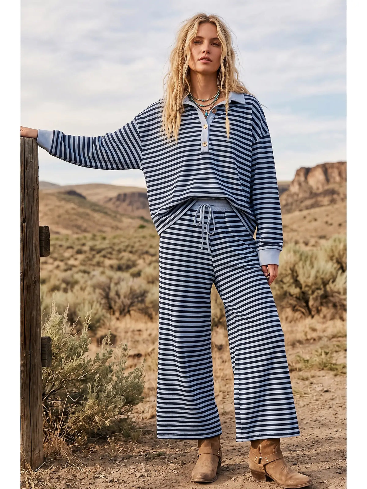 Ivy Striped Relaxed Top and Wide Leg Pants Knit Set in navy, close-up of collared henley neckline