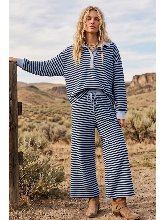 Ivy Striped Relaxed Top and Wide Leg Pants Knit Set in navy, close-up of collared henley neckline