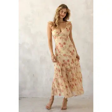 Tiered ruffle midi dress with fitted bodice, side view