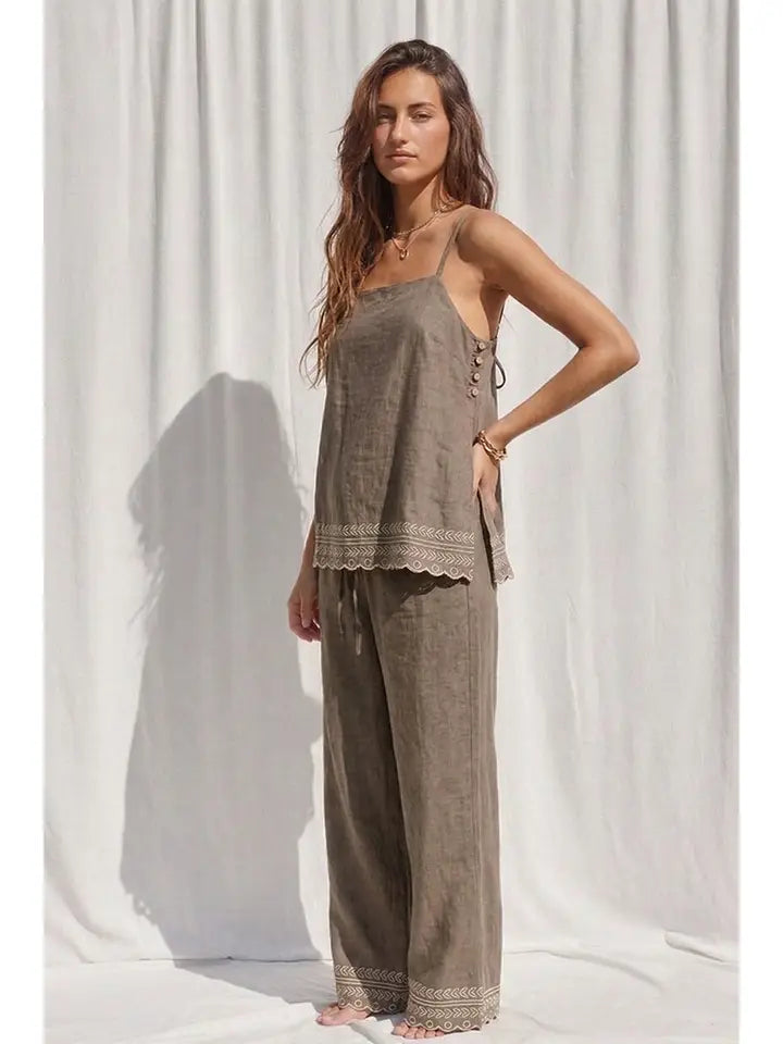Mocha embroidery pant set with side slit top and elastic waist pants, full-length view