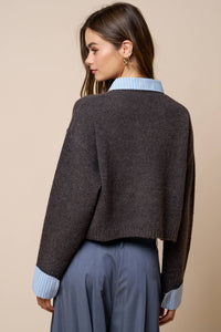 Lalavon - Stripe Trim Button Down Sweater Cardigan: HT BROWN-LT BLUE / L