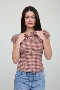 Ainsley Plaid Button Front Top styled, cotton plaid blouse with waist seam detail