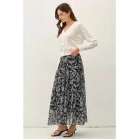 Black paisley Longview Flowy Midi Skirt with soft chiffon overlay – Glitz Fine Clothing boutique