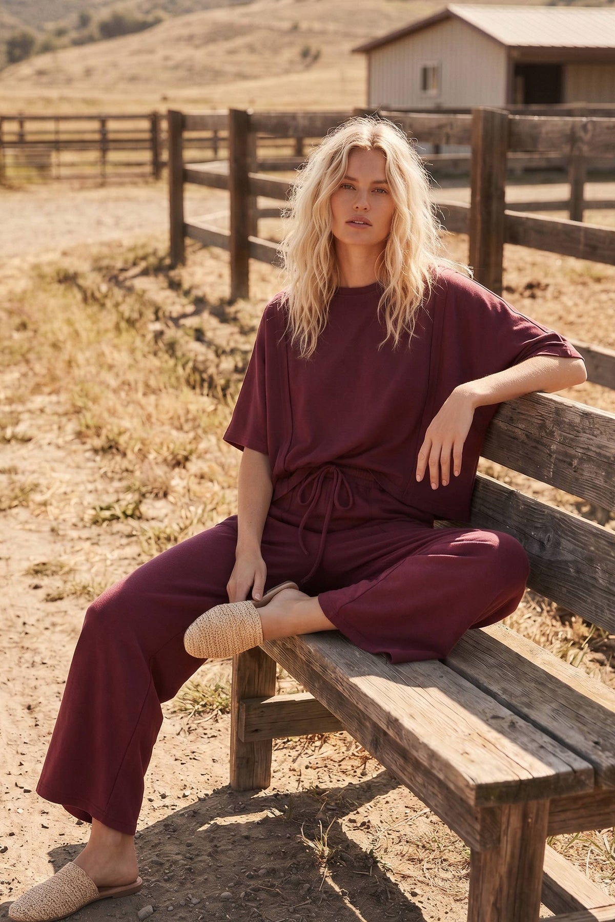 Sewn and Seen - Brushed Stretch Boxy Top & Wide Leg Pant Set: BURGUNDY / L