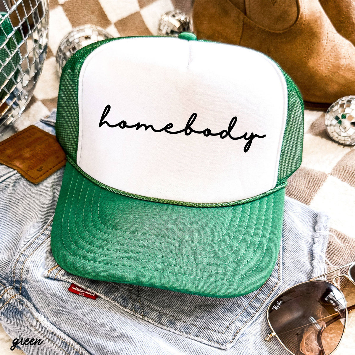 Chloe Vs Tank - Homebody Cursive Trucker Hat *12 Colors: Black/Black