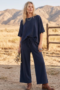 Sewn and Seen - Brushed Stretch Boxy Top & Wide Leg Pant Set: BURGUNDY / L