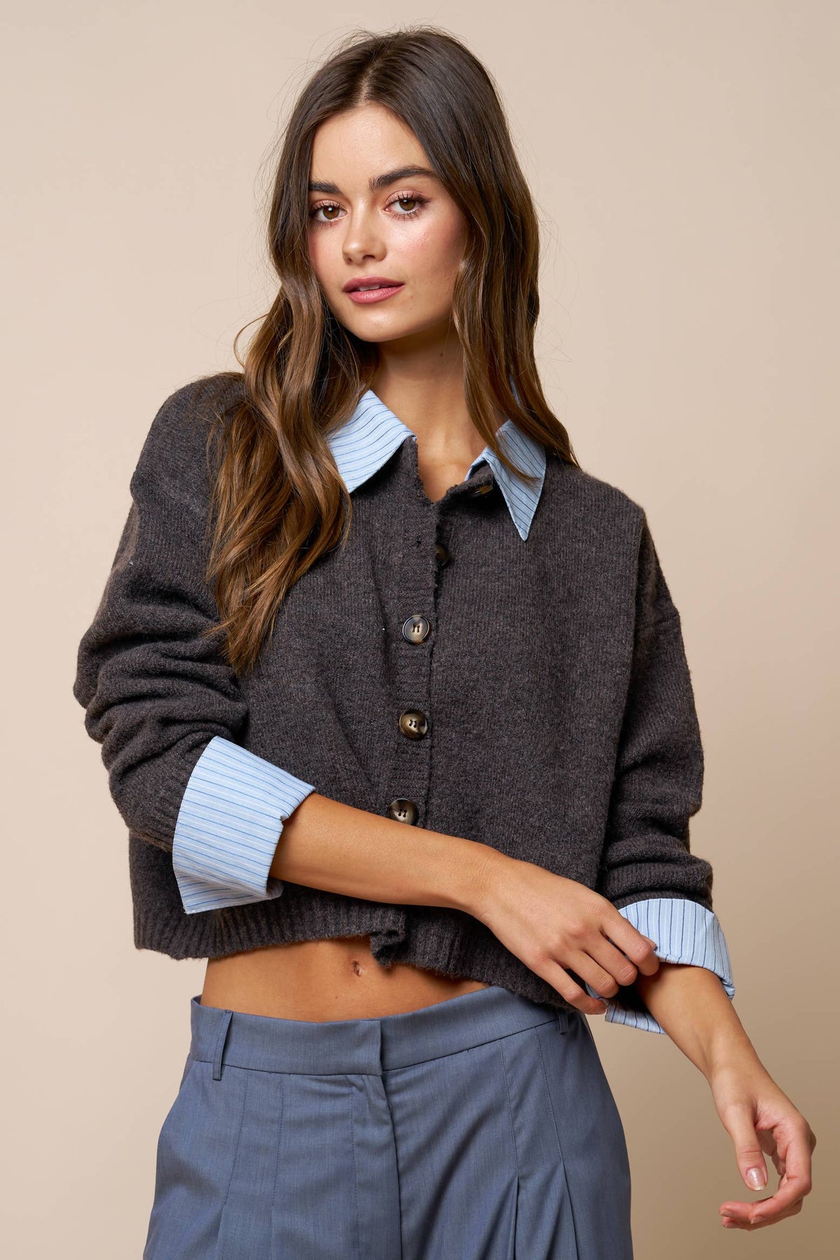 Lalavon - Stripe Trim Button Down Sweater Cardigan: HT BROWN-LT BLUE / L