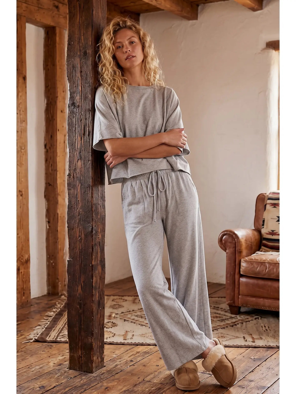 Heather Brushed Stretch Boxy Top and Wide Leg Pant Set in grey, close-up of brushed stretch fabric