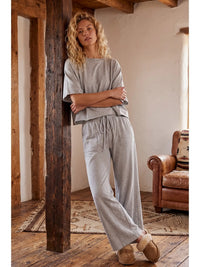 Heather Brushed Stretch Boxy Top and Wide Leg Pant Set in grey, close-up of brushed stretch fabric