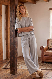 Sewn and Seen - Brushed Stretch Boxy Top & Wide Leg Pant Set: BURGUNDY / L