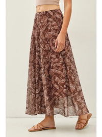 Longview Flowy Midi Skirt in brown paisley – women's airy chiffon midi skirt with elastic waist | Glitz Fine Clothing