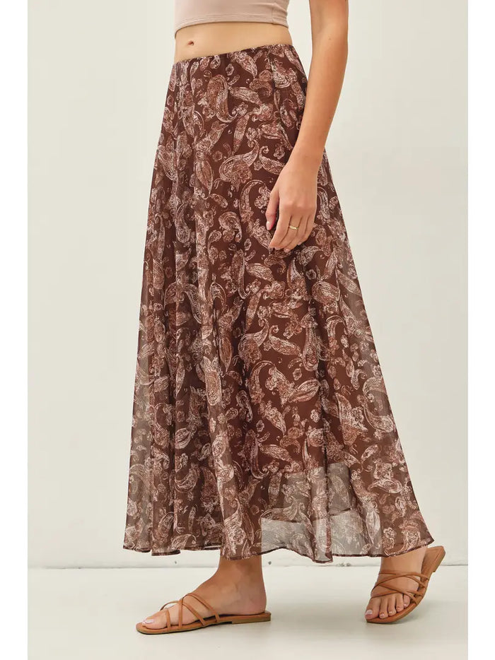 Longview Flowy Midi Skirt in brown paisley – women's airy chiffon midi skirt with elastic waist | Glitz Fine Clothing