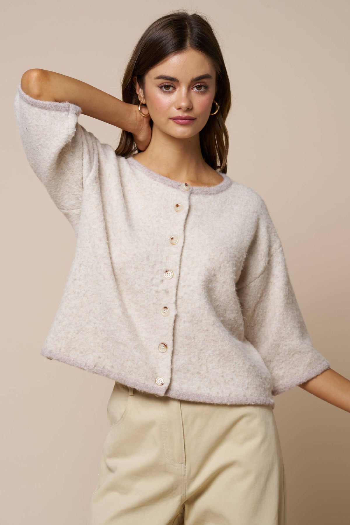 Lalavon - Color Block Button Down Sweater Top: LT BEIGE / L