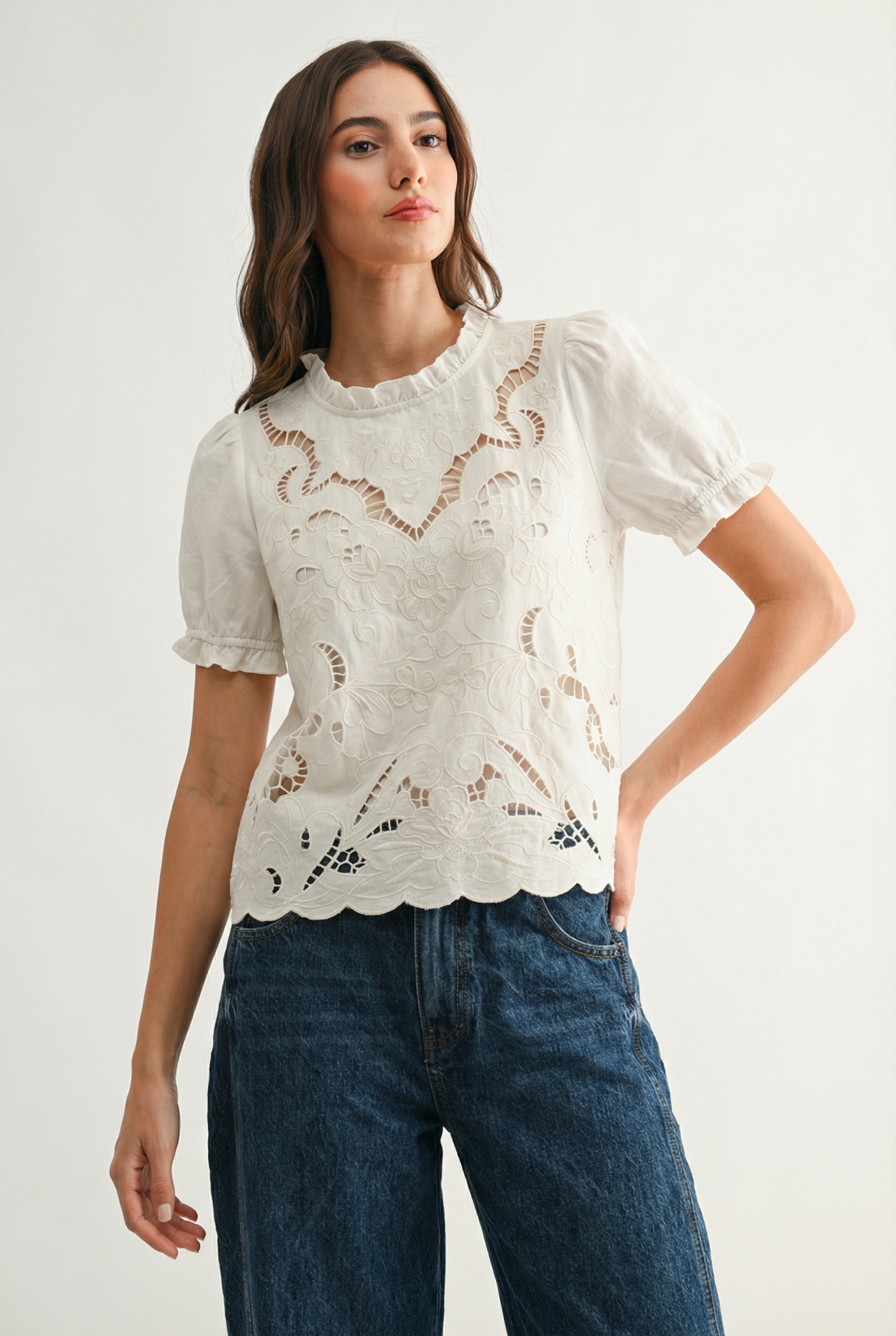 Marla Embroidered Blouse in cream with floral cutwork embroidery, puff sleeves and scalloped hem from Glitz Fine Clothing