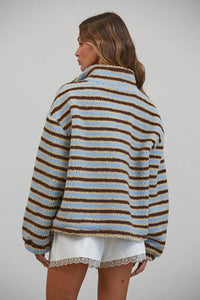 Creamon - T3535 Relaxed Sherpa Striped Half Zip Pullover: BLUE/BROWN / S-M-L (3-2-1)