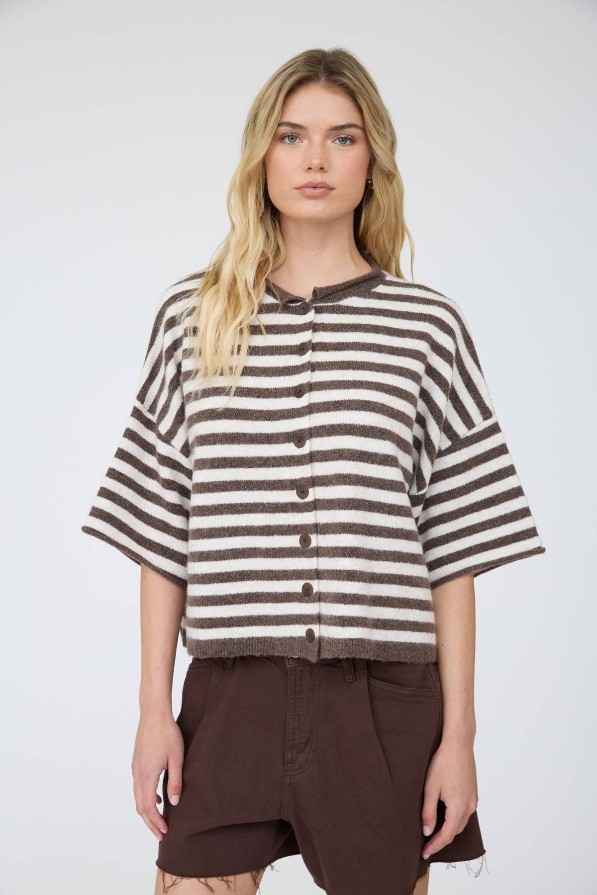 Chocolate Brown Stripe Raw Edge Short Sleeve Button Down Cardigan, front view