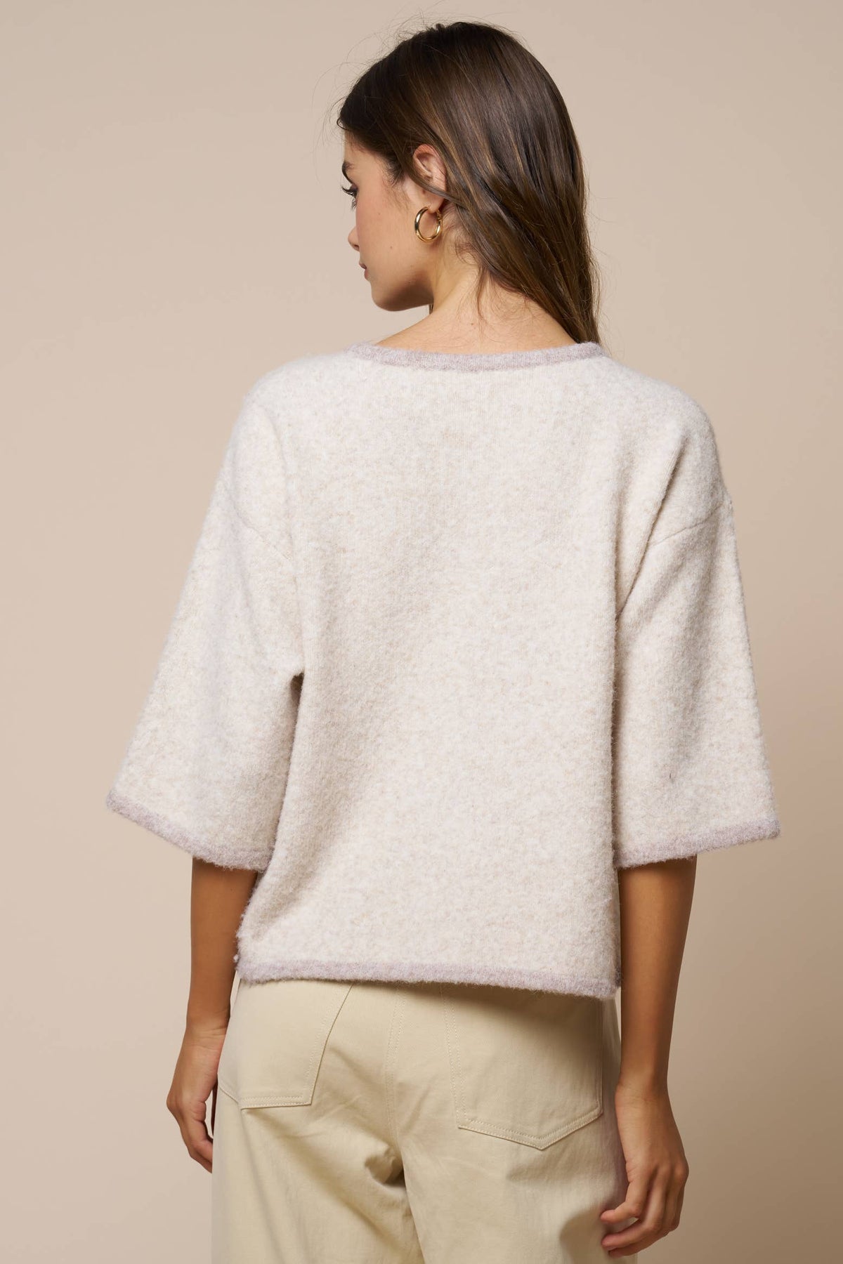 Lalavon - Color Block Button Down Sweater Top: LT BEIGE / L
