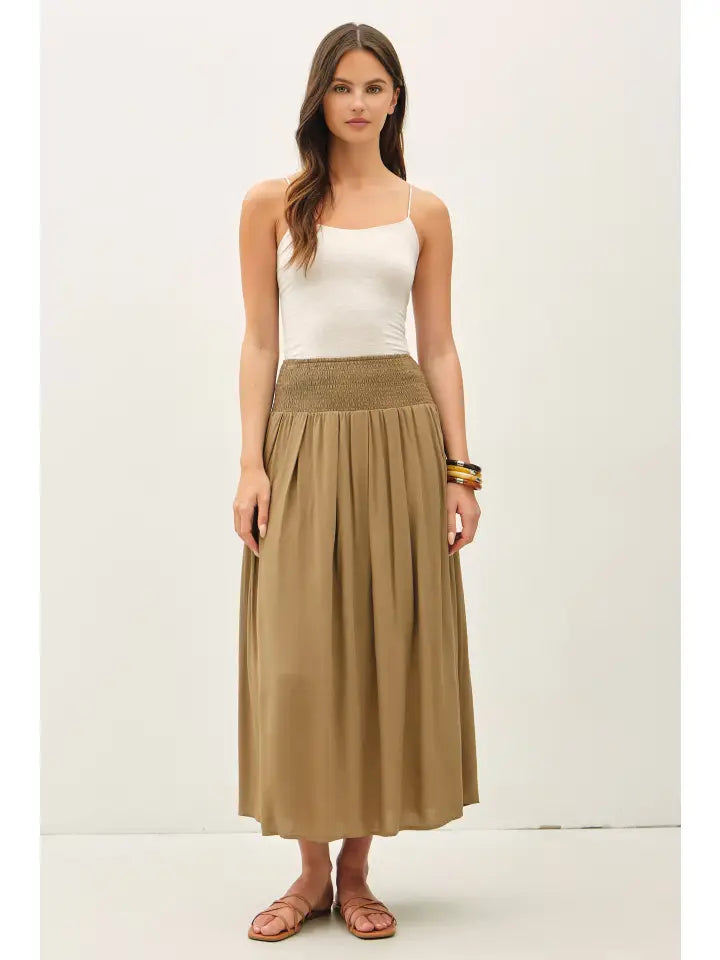 Marty Smocked Waist Midi Skirt in moss – women's flowy rayon midi skirt with smocked elastic waist | Glitz Fine Clothing
